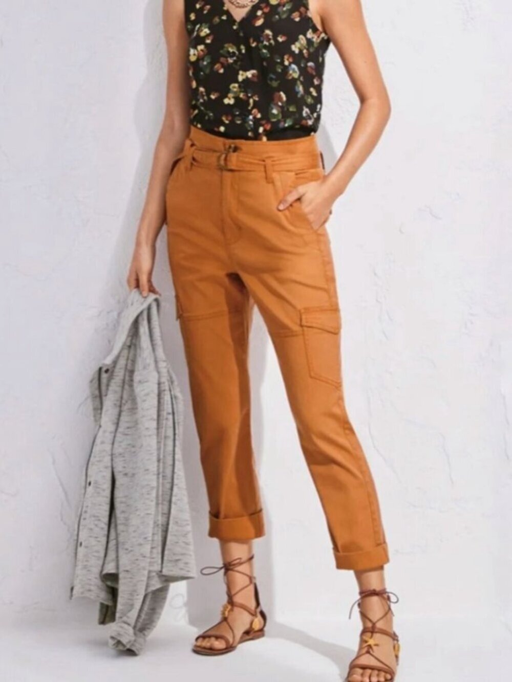 Cabi High Waist Belted Paper Bag Cargo Ankle Pants Rust Burnt Orange Women's 6